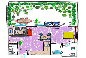 a floor plan drawing of a room with furniture and plants