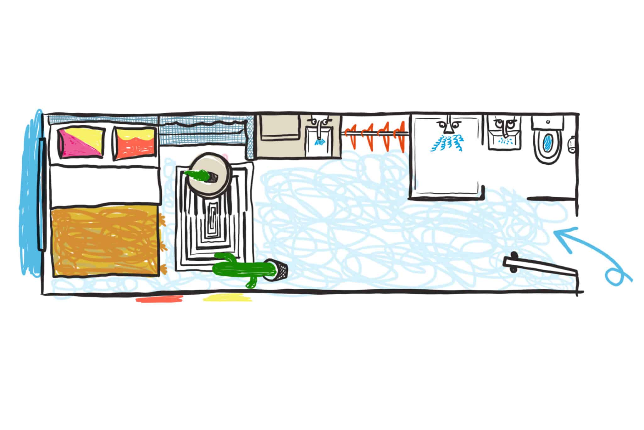 a cartoon drawing of a hotel room floorplan